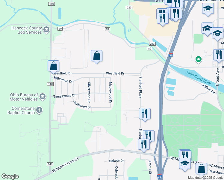 map of restaurants, bars, coffee shops, grocery stores, and more near 8157 Maplewood Drive in Findlay