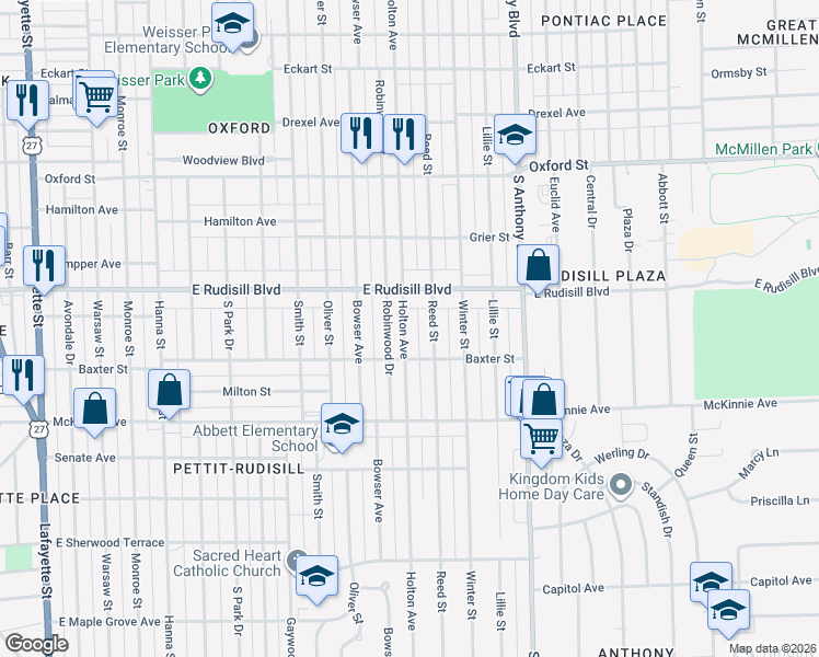 map of restaurants, bars, coffee shops, grocery stores, and more near 4005 Holton Avenue in Fort Wayne