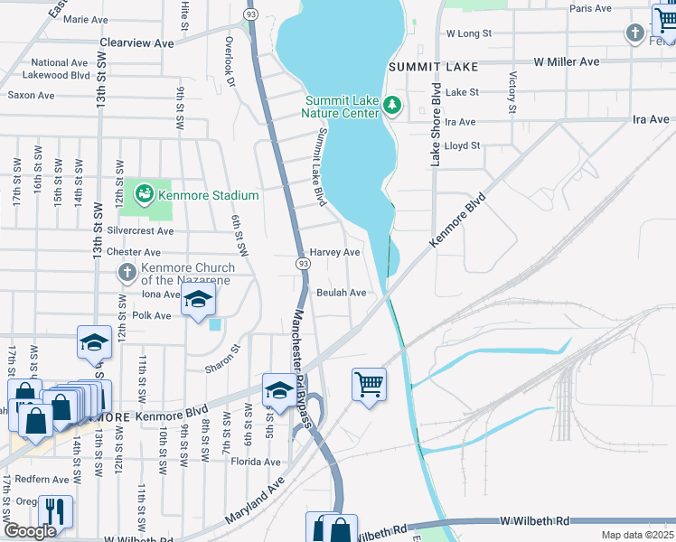 map of restaurants, bars, coffee shops, grocery stores, and more near 1898 2nd Street Southwest in Akron