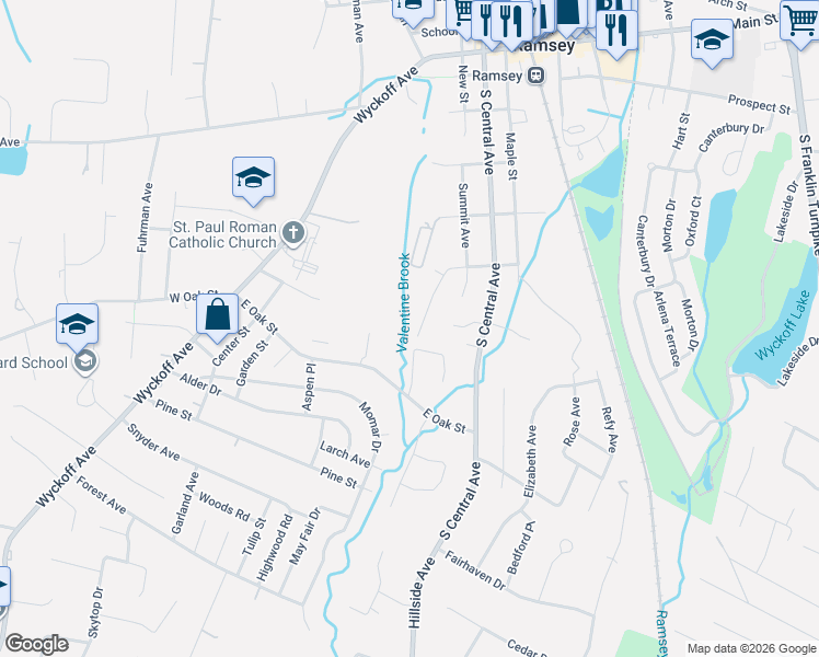 map of restaurants, bars, coffee shops, grocery stores, and more near 153 Orchard Place in Ramsey