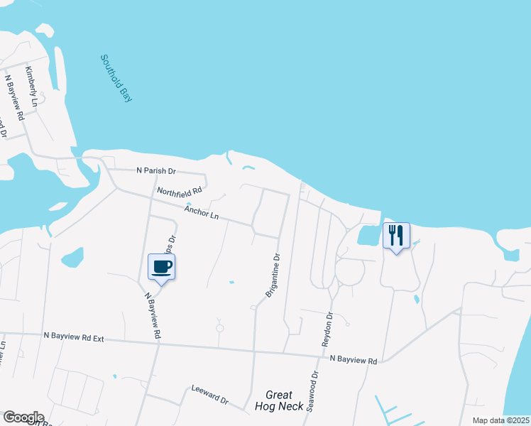 map of restaurants, bars, coffee shops, grocery stores, and more near 355 Windjammer Drive in Southold