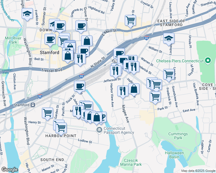map of restaurants, bars, coffee shops, grocery stores, and more near 69 Jefferson St in Stamford