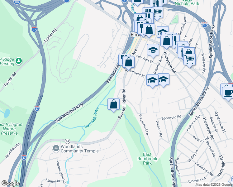 map of restaurants, bars, coffee shops, grocery stores, and more near 9 Babbitt Court in Elmsford
