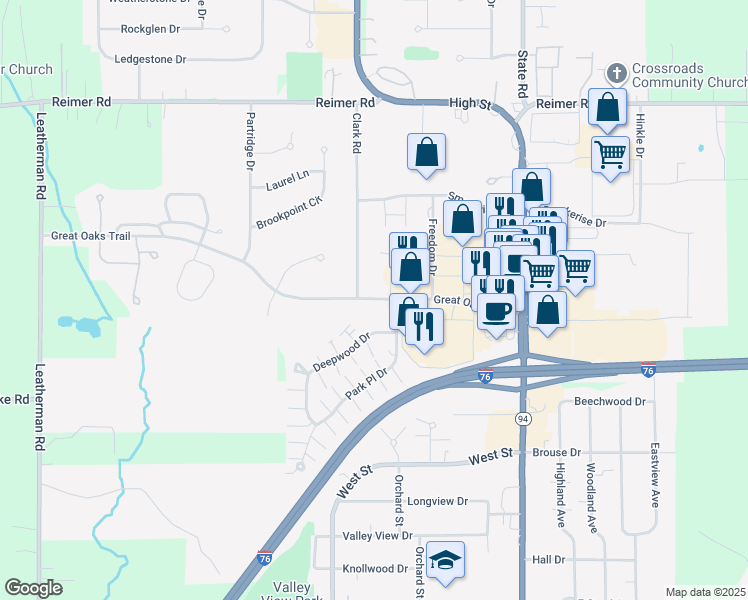 map of restaurants, bars, coffee shops, grocery stores, and more near 259 Great Oaks Trail in Wadsworth