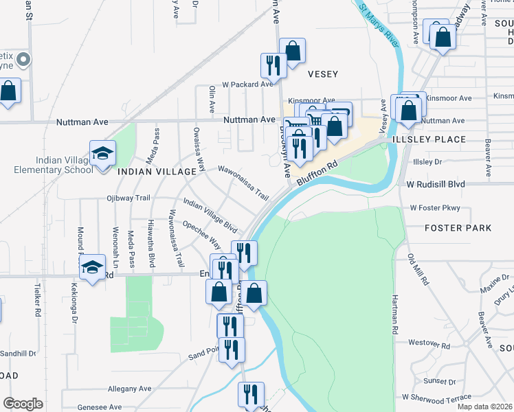 map of restaurants, bars, coffee shops, grocery stores, and more near 2124 Owaissa Way in Fort Wayne