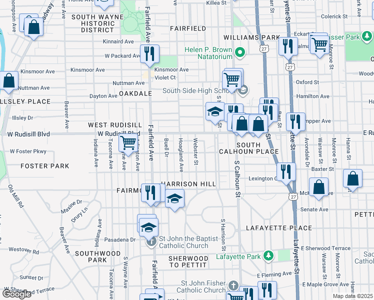 map of restaurants, bars, coffee shops, grocery stores, and more near 334 West Foster Parkway in Fort Wayne