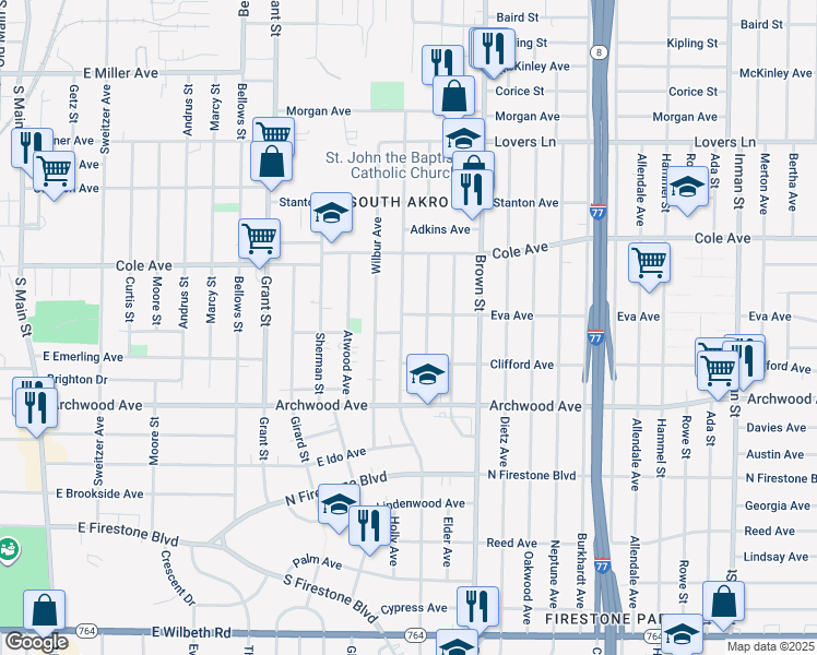 map of restaurants, bars, coffee shops, grocery stores, and more near 1213 Beardsley St in Akron