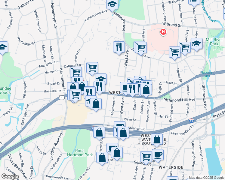 map of restaurants, bars, coffee shops, grocery stores, and more near 511 West Main Street in Stamford