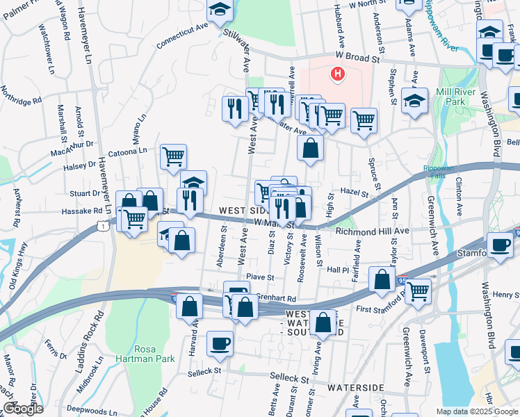 map of restaurants, bars, coffee shops, grocery stores, and more near 3 Dryden Street in Stamford