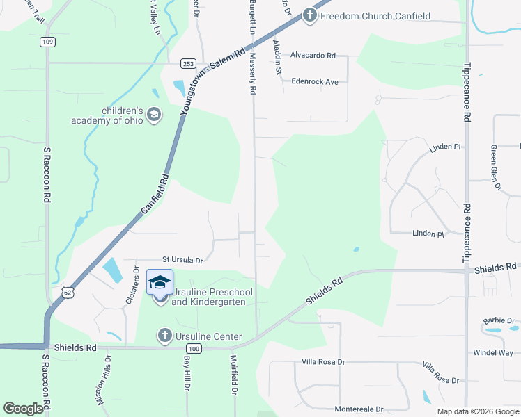 map of restaurants, bars, coffee shops, grocery stores, and more near 4867 Messerly Road in Canfield