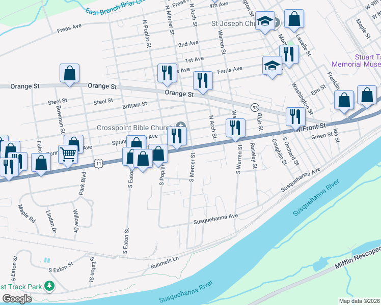 map of restaurants, bars, coffee shops, grocery stores, and more near 1338 West Front Street in Berwick