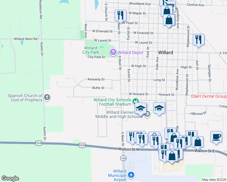 map of restaurants, bars, coffee shops, grocery stores, and more near 531 Butte Street in Willard