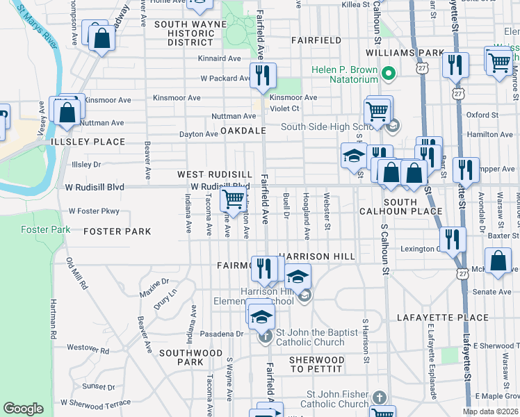 map of restaurants, bars, coffee shops, grocery stores, and more near 3939 Fairfield Avenue in Fort Wayne