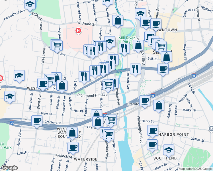 map of restaurants, bars, coffee shops, grocery stores, and more near 28 Rose Park Avenue in Stamford