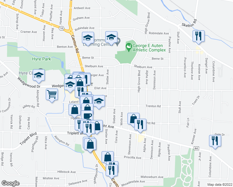 map of restaurants, bars, coffee shops, grocery stores, and more near 419 Sieber Avenue in Akron