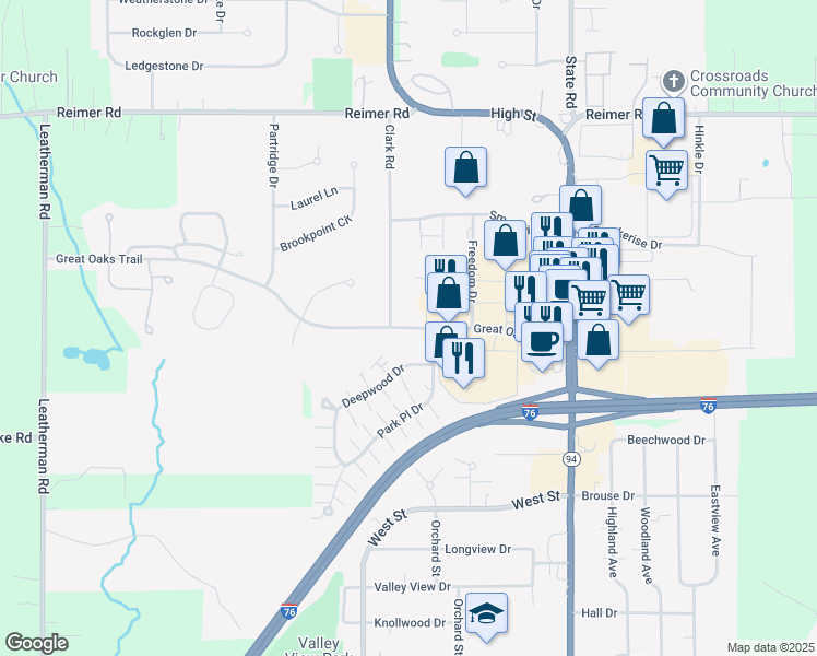 map of restaurants, bars, coffee shops, grocery stores, and more near 259 Great Oaks Trail in Wadsworth