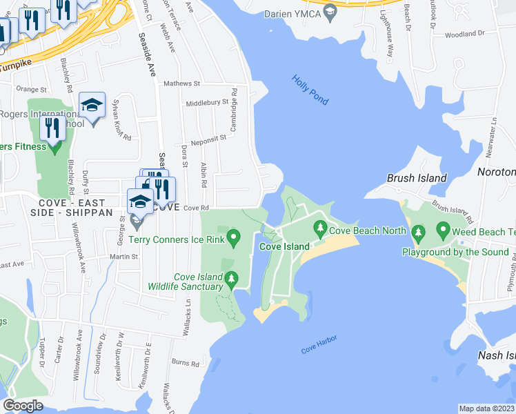 map of restaurants, bars, coffee shops, grocery stores, and more near Cove Rd & Weed Ave in Stamford