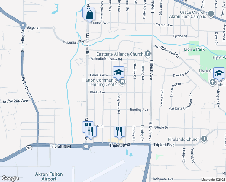 map of restaurants, bars, coffee shops, grocery stores, and more near 1895 Baker Avenue in Akron