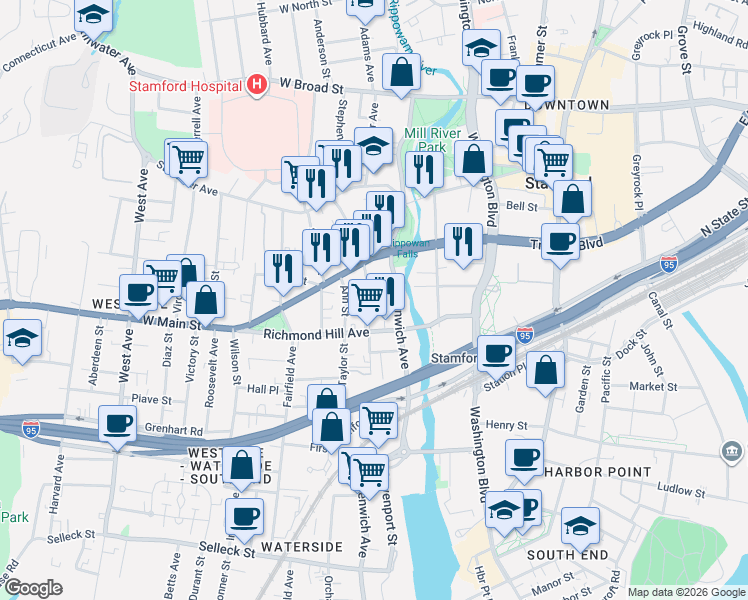 map of restaurants, bars, coffee shops, grocery stores, and more near 28 Rose Park Avenue in Stamford