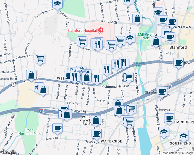 map of restaurants, bars, coffee shops, grocery stores, and more near 21 High Street in Stamford