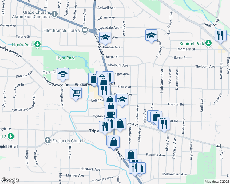 map of restaurants, bars, coffee shops, grocery stores, and more near 2599 Terrace Avenue in Akron