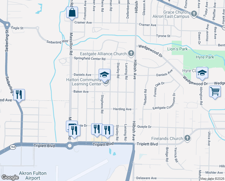 map of restaurants, bars, coffee shops, grocery stores, and more near 1940 Baker Avenue in Akron