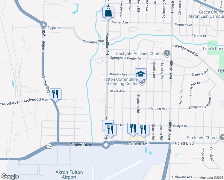 map of restaurants, bars, coffee shops, grocery stores, and more near 438 Baldwin Road in Akron