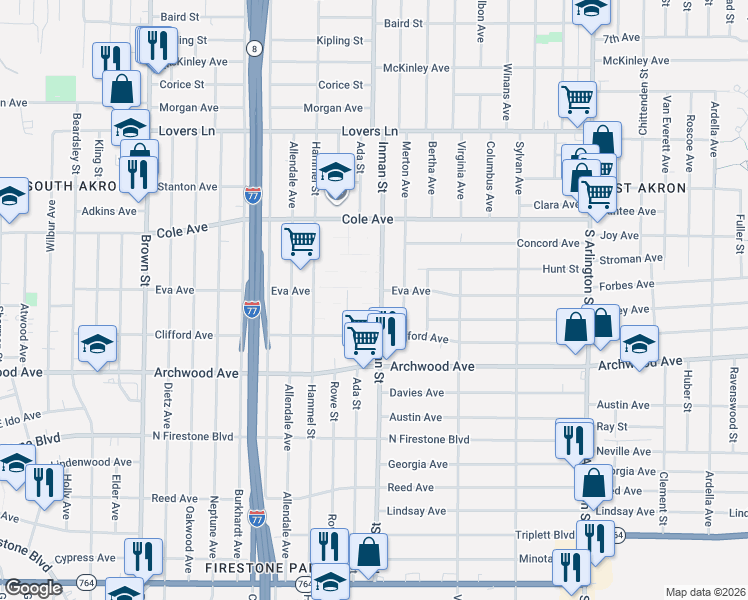 map of restaurants, bars, coffee shops, grocery stores, and more near 757 Alicia Walk in Akron