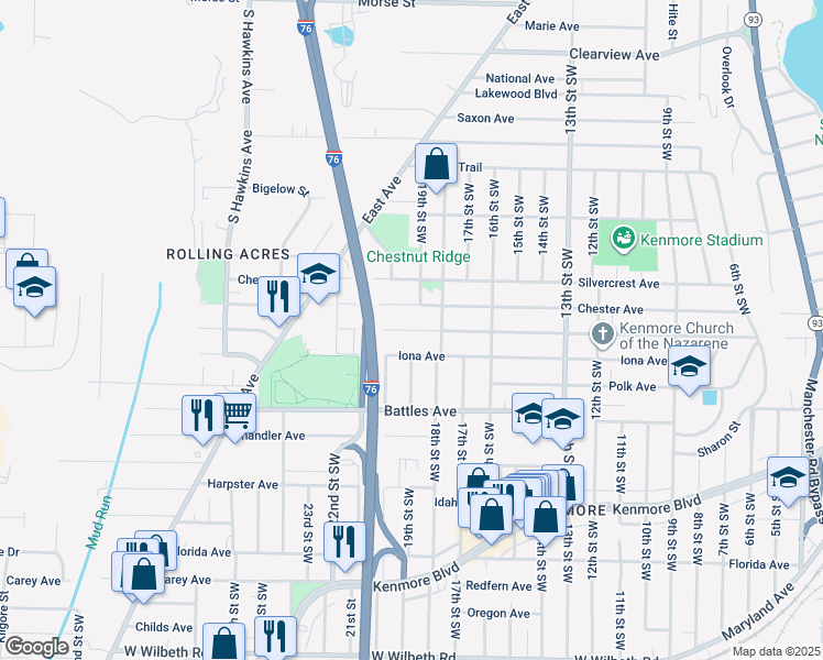 map of restaurants, bars, coffee shops, grocery stores, and more near 1005 Harrison Avenue in Akron