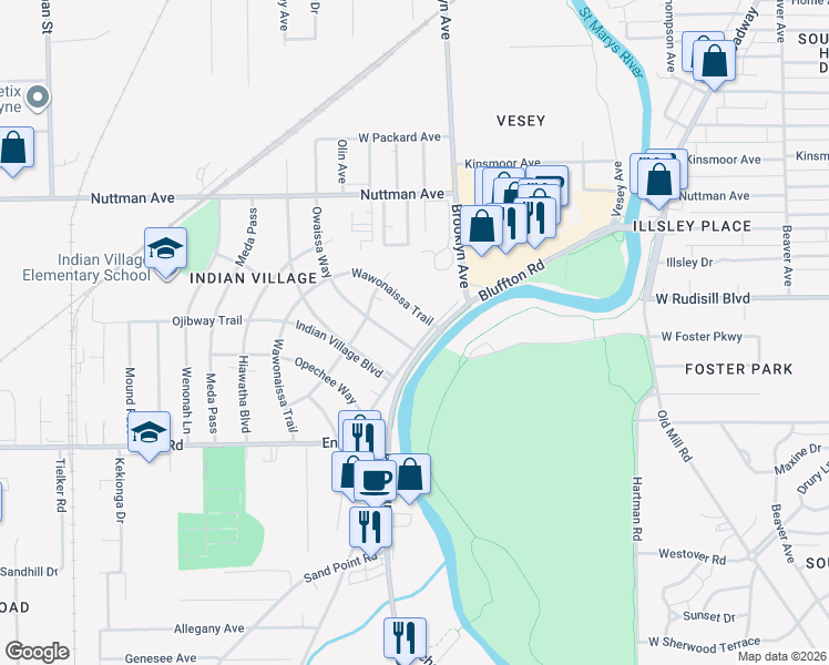 map of restaurants, bars, coffee shops, grocery stores, and more near 2124 Owaissa Way in Fort Wayne