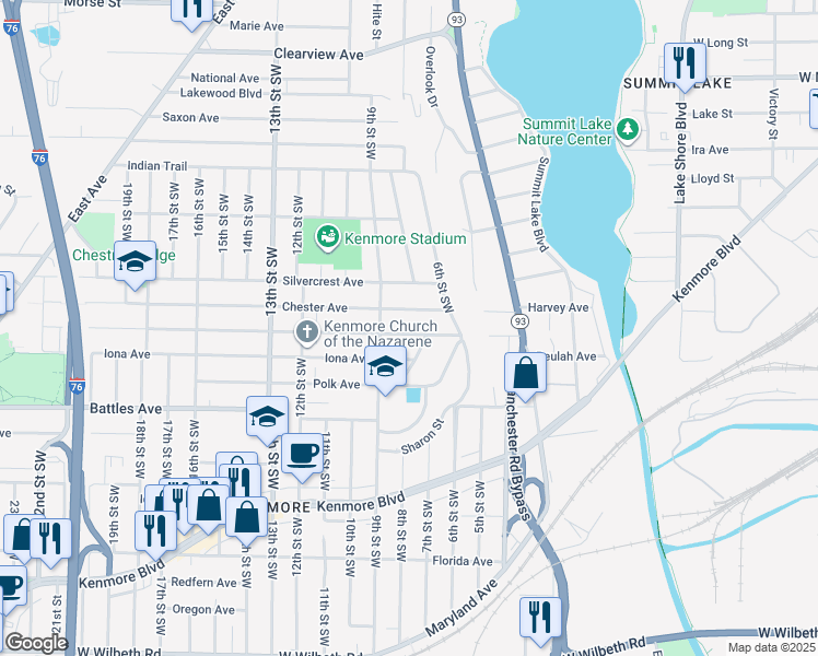 map of restaurants, bars, coffee shops, grocery stores, and more near 673 Harrison Avenue in Akron