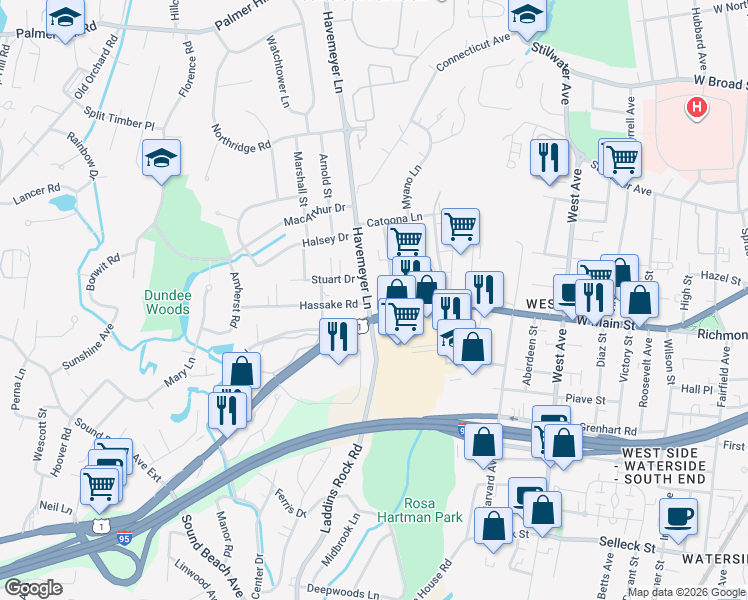map of restaurants, bars, coffee shops, grocery stores, and more near 1 Havemeyer Lane in Greenwich