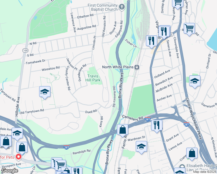 map of restaurants, bars, coffee shops, grocery stores, and more near 403 Woodland Hills Road in White Plains