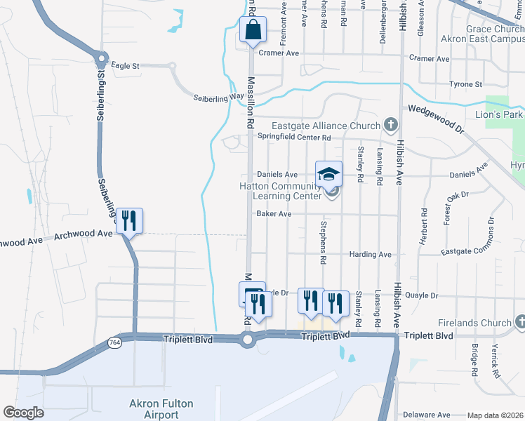 map of restaurants, bars, coffee shops, grocery stores, and more near 438 Baldwin Road in Akron
