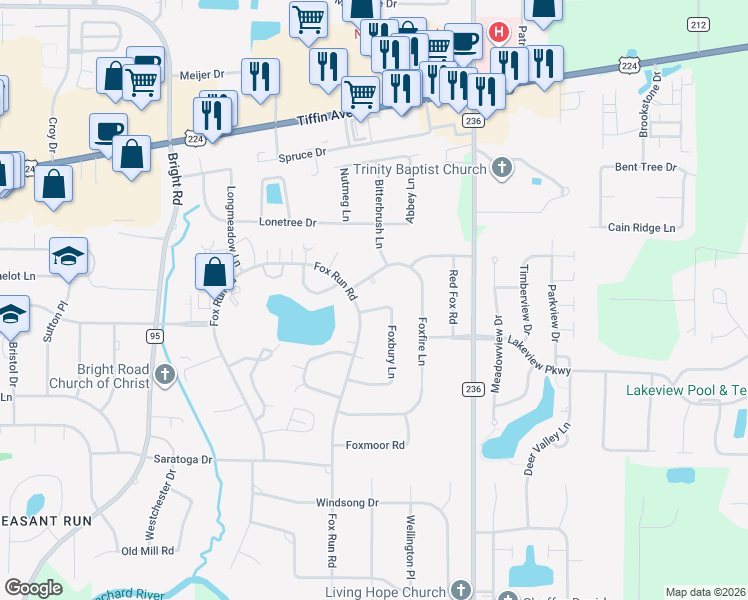 map of restaurants, bars, coffee shops, grocery stores, and more near 2316 Foxbury Lane in Findlay