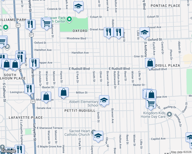 map of restaurants, bars, coffee shops, grocery stores, and more near 4001 Smith Street in Fort Wayne