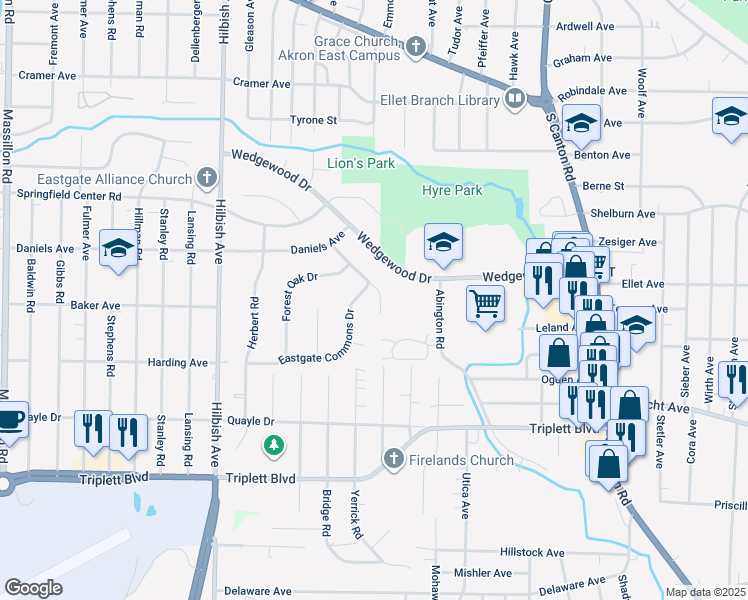map of restaurants, bars, coffee shops, grocery stores, and more near 2292 Edmund Avenue in Akron