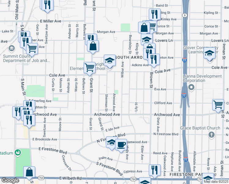 map of restaurants, bars, coffee shops, grocery stores, and more near 1227 Atwood Avenue in Akron