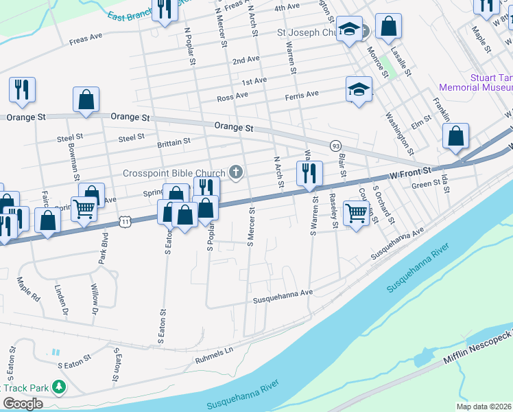 map of restaurants, bars, coffee shops, grocery stores, and more near 1338 West Front Street in Berwick