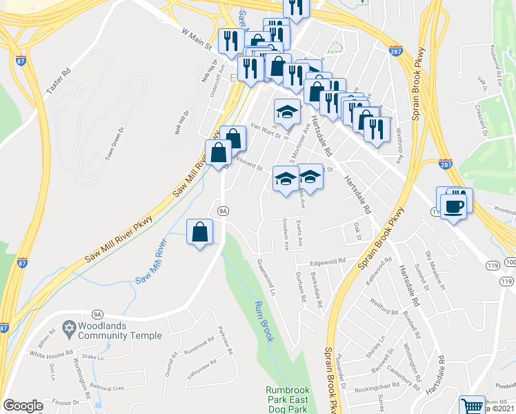 map of restaurants, bars, coffee shops, grocery stores, and more near 73 South Hillside Avenue in Elmsford
