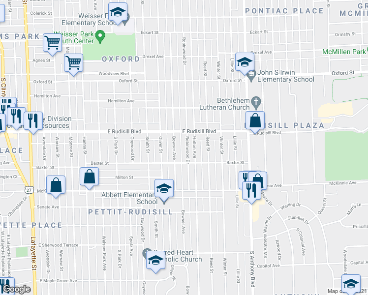 map of restaurants, bars, coffee shops, grocery stores, and more near 4002 Robinwood Drive in Fort Wayne
