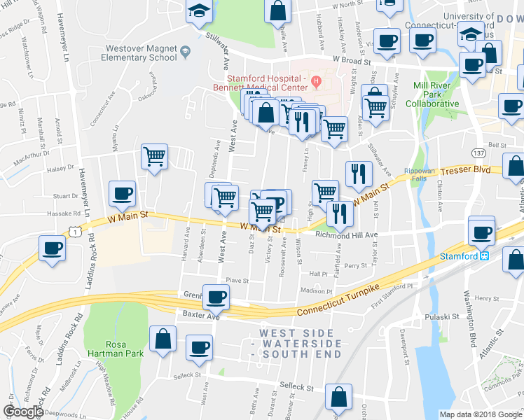 map of restaurants, bars, coffee shops, grocery stores, and more near 23 Virgil Street in Stamford
