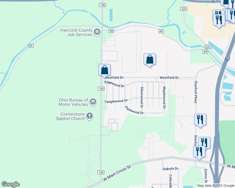 map of restaurants, bars, coffee shops, grocery stores, and more near 8160 Brookwood Drive in Findlay