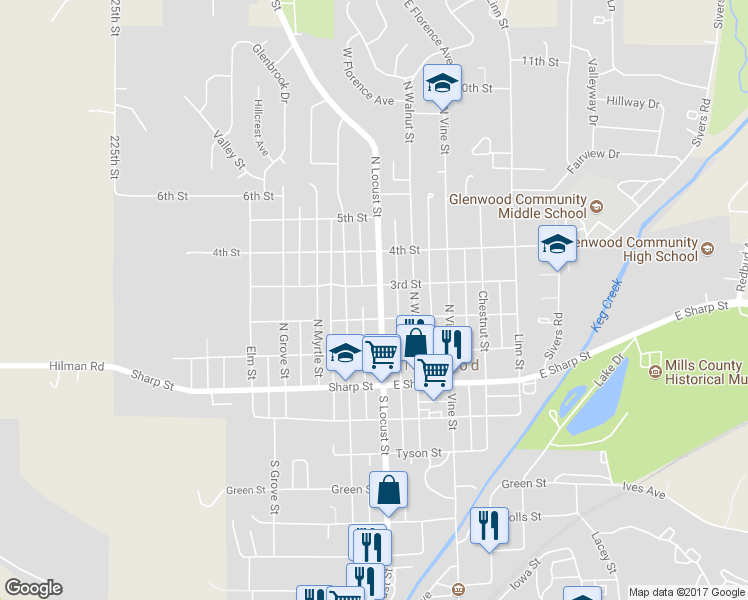 map of restaurants, bars, coffee shops, grocery stores, and more near 208 North Locust Street in Glenwood