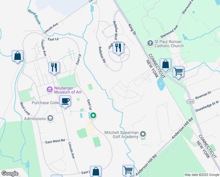 map of restaurants, bars, coffee shops, grocery stores, and more near 1 Honeysuckle Lane in Rye Brook