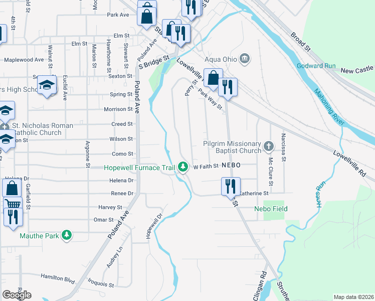 map of restaurants, bars, coffee shops, grocery stores, and more near 185 Perry Street in Struthers