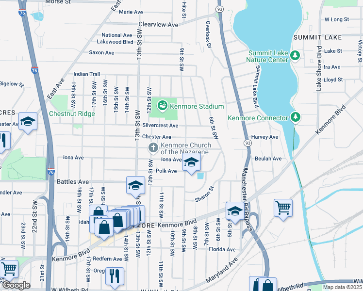 map of restaurants, bars, coffee shops, grocery stores, and more near 715 Harrison Ave in Akron