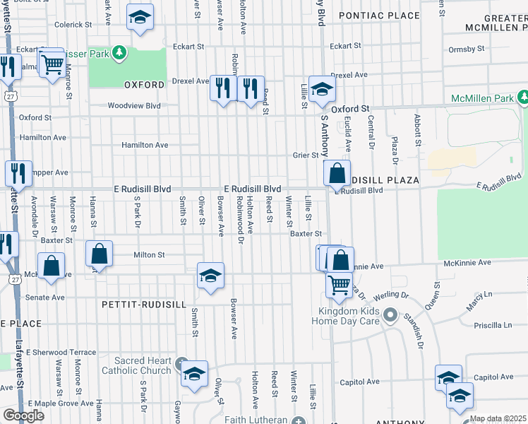 map of restaurants, bars, coffee shops, grocery stores, and more near 4002 Reed St in Fort Wayne
