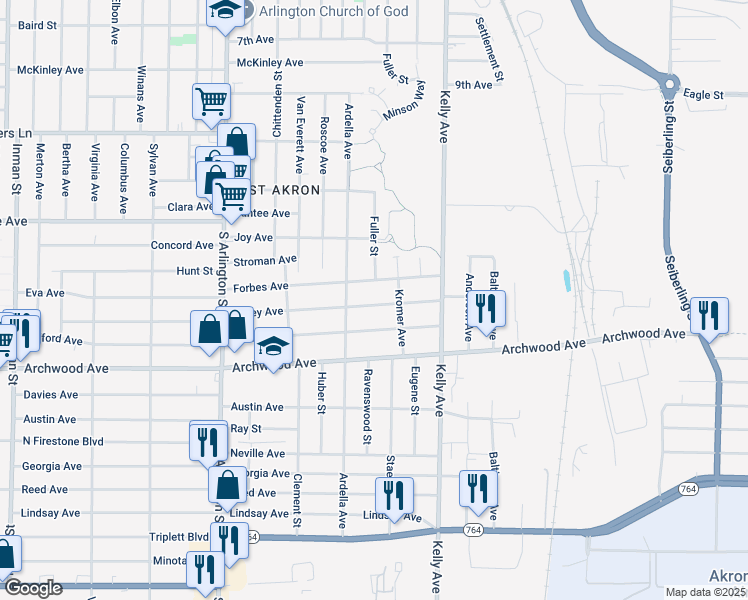 map of restaurants, bars, coffee shops, grocery stores, and more near 1191 Wyley Avenue in Akron