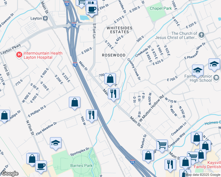 map of restaurants, bars, coffee shops, grocery stores, and more near 779 South Main Street in Layton